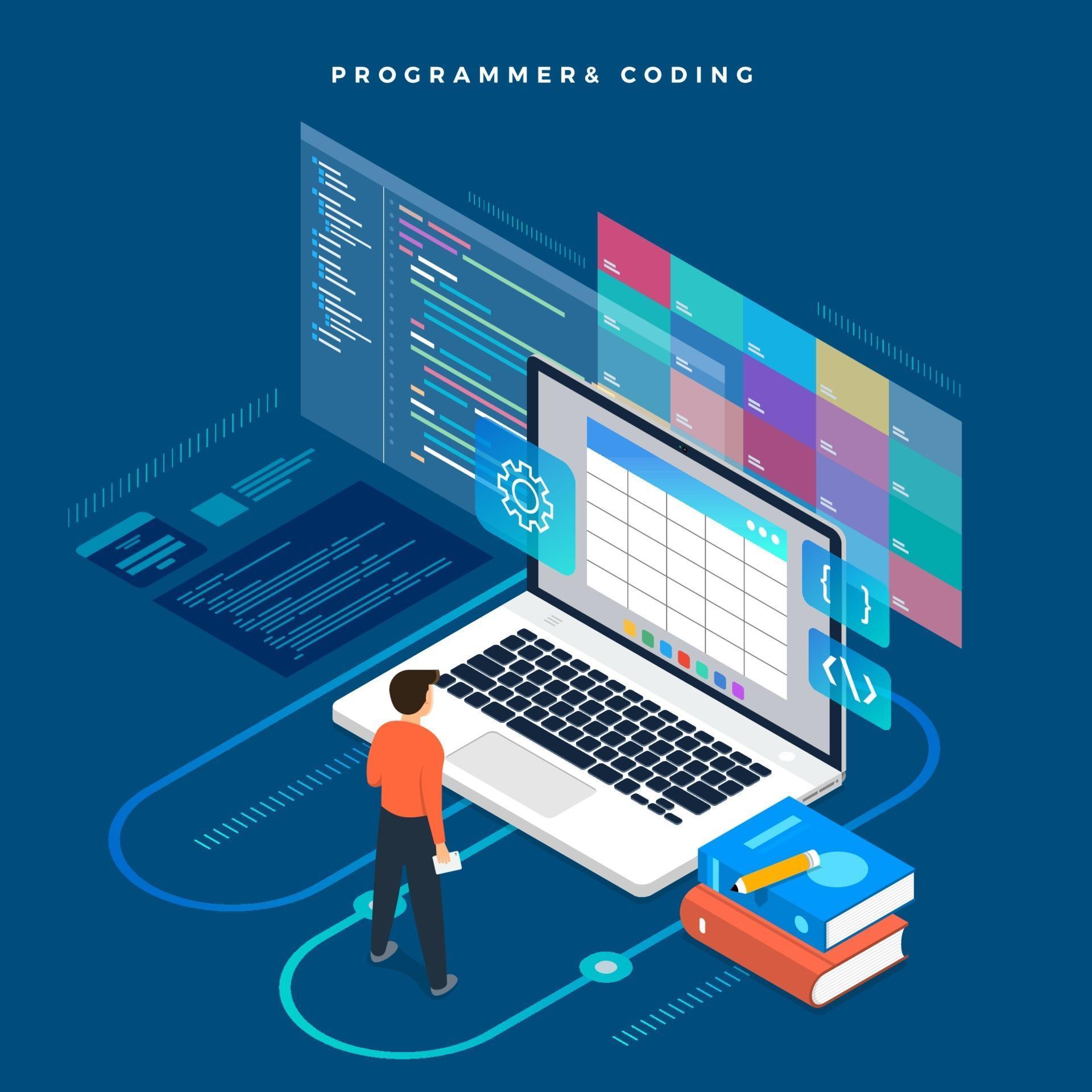 Isometric flat design concept programmer and coding. Vector ...