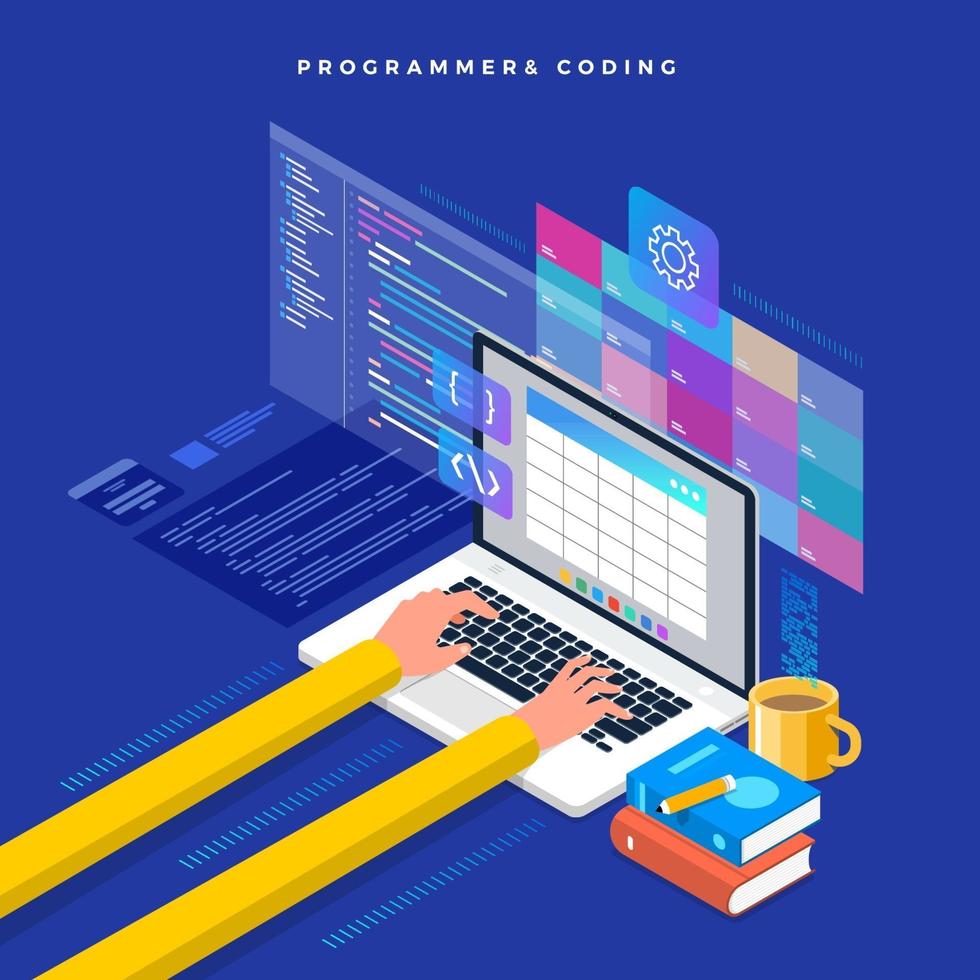 Isometric flat design concept programmer and coding. Vector illustration. Website layout design.