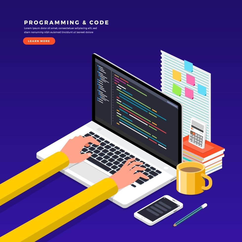 Isometric flat design concept programmer and coding. Vector illustration. Website layout design.