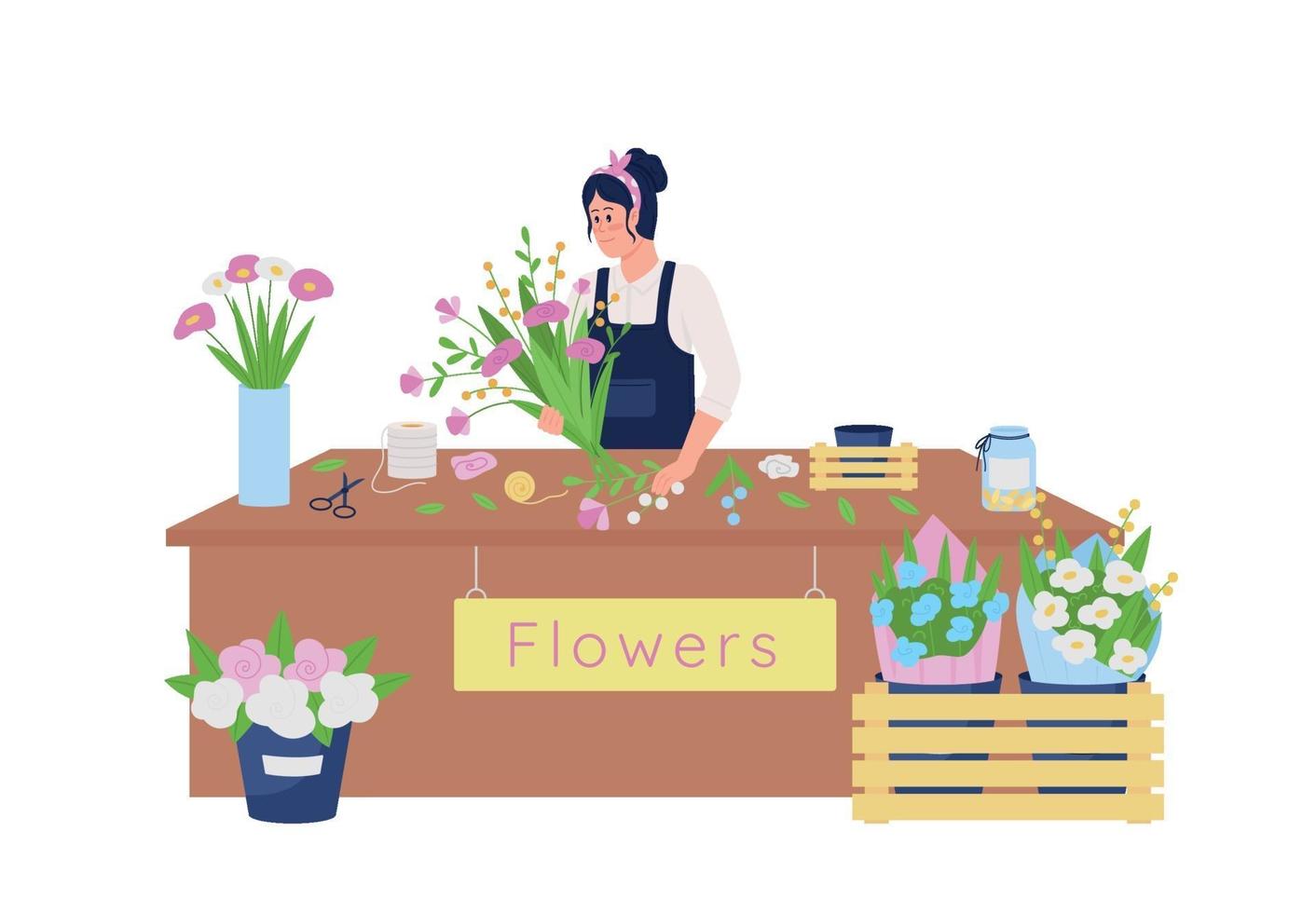 Female caucasian florist making floral arrangement flat color vector