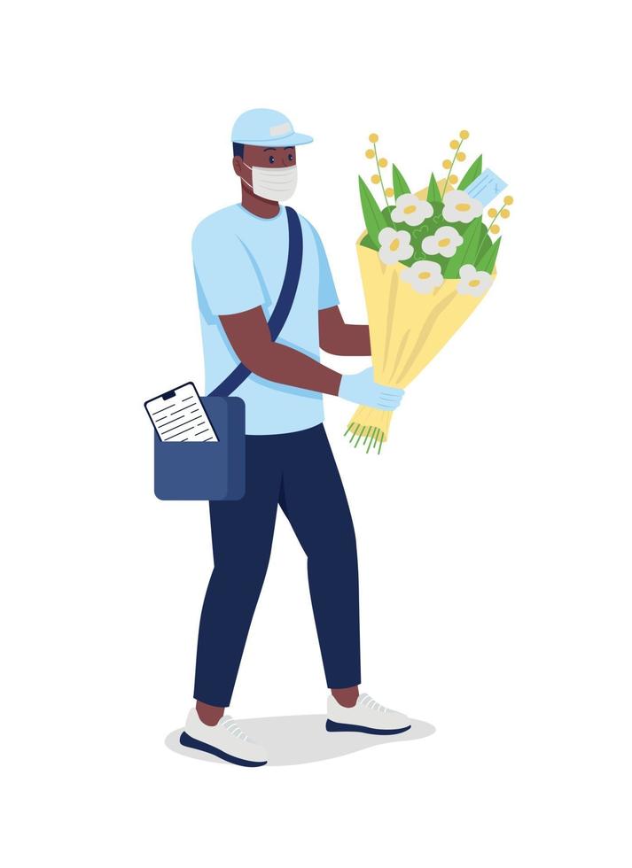 African american delivery man with flowers in face mask flat color vector detailed character