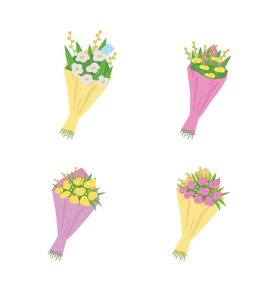 Bouquets, flowers with messages flat color vector object set