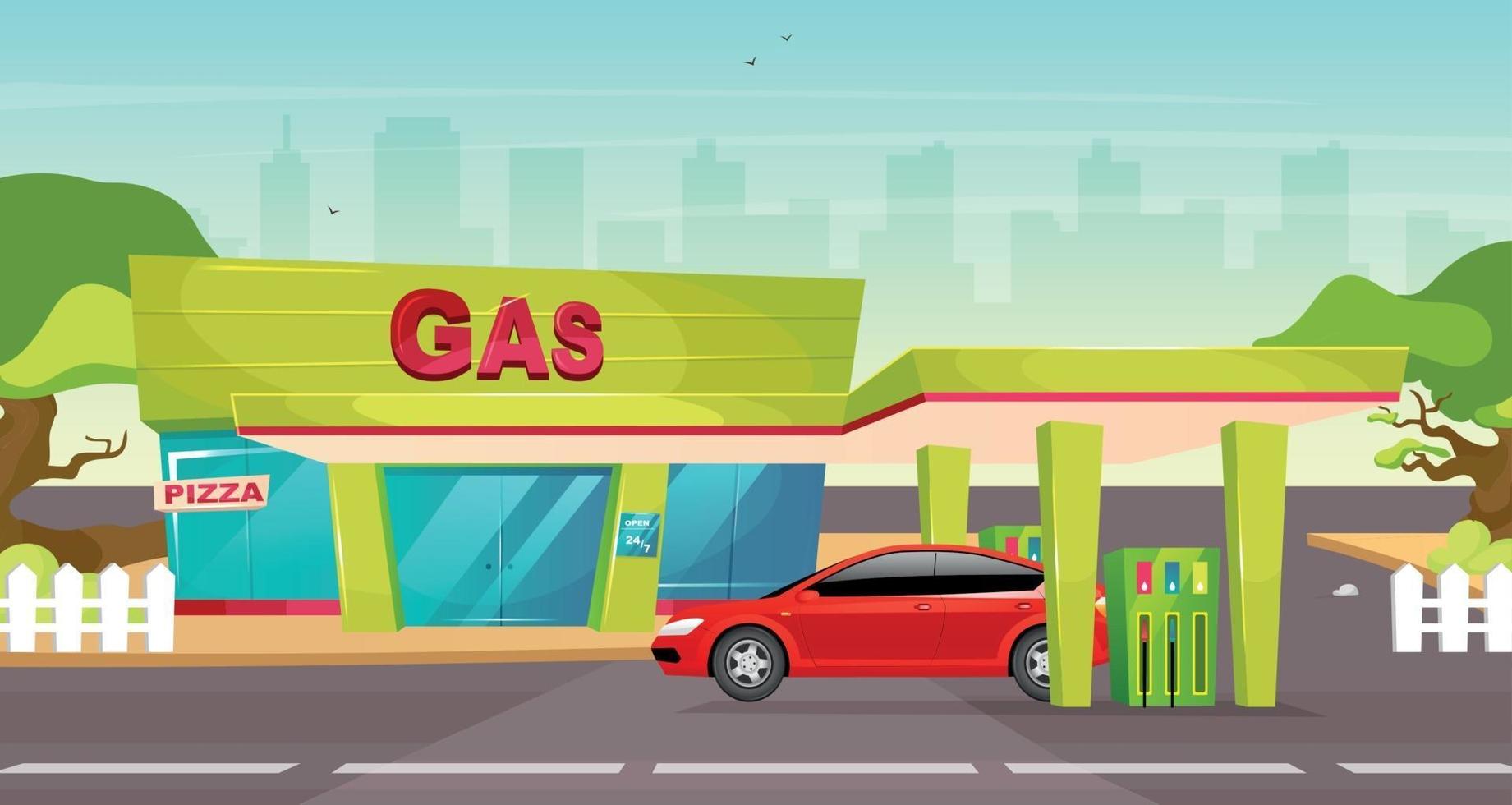 Gas station flat color vector illustration