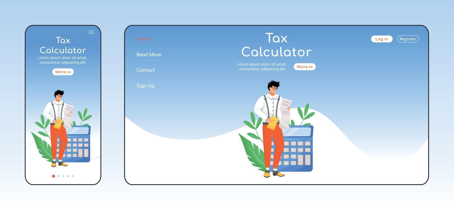 Tax calculator adaptive landing page flat color vector template. Bills payment mobile and PC homepage layout. Taxpayers tool one page website UI. Financial literacy webpage cross platform design