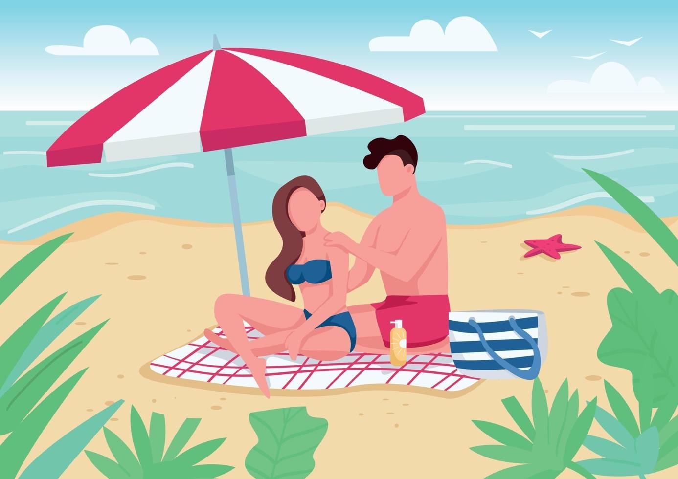 Pareja aplicando loción solar en la playa ilustración vectorial de color plano vector