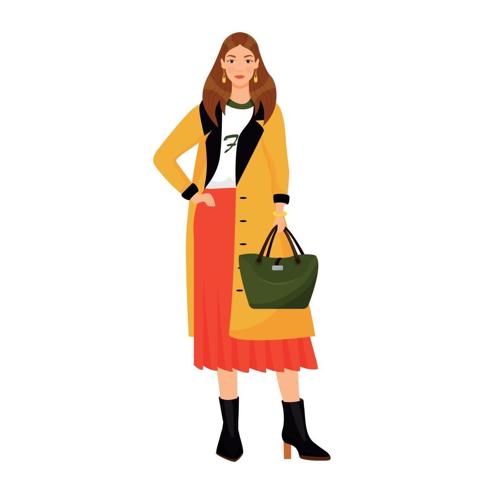 mujer joven en ropa de moda color plano vector personaje sin rostro