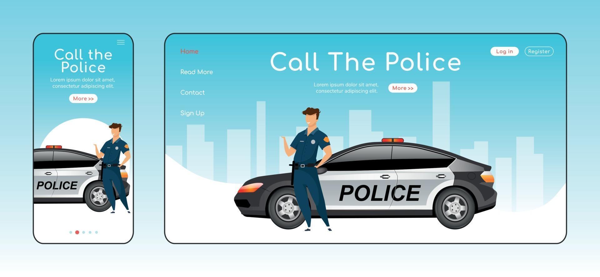 Call police responsive landing page flat vector template set