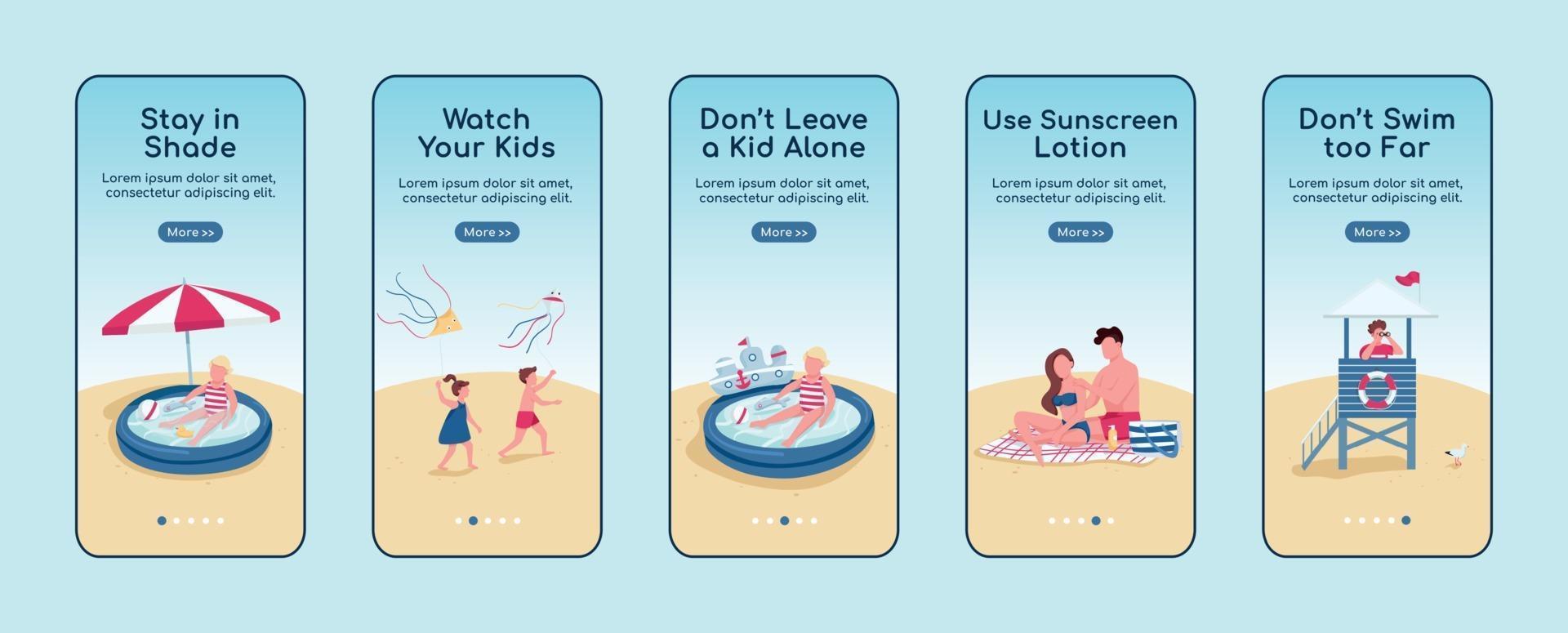 Beach safety rules onboarding mobile app screen flat vector template set