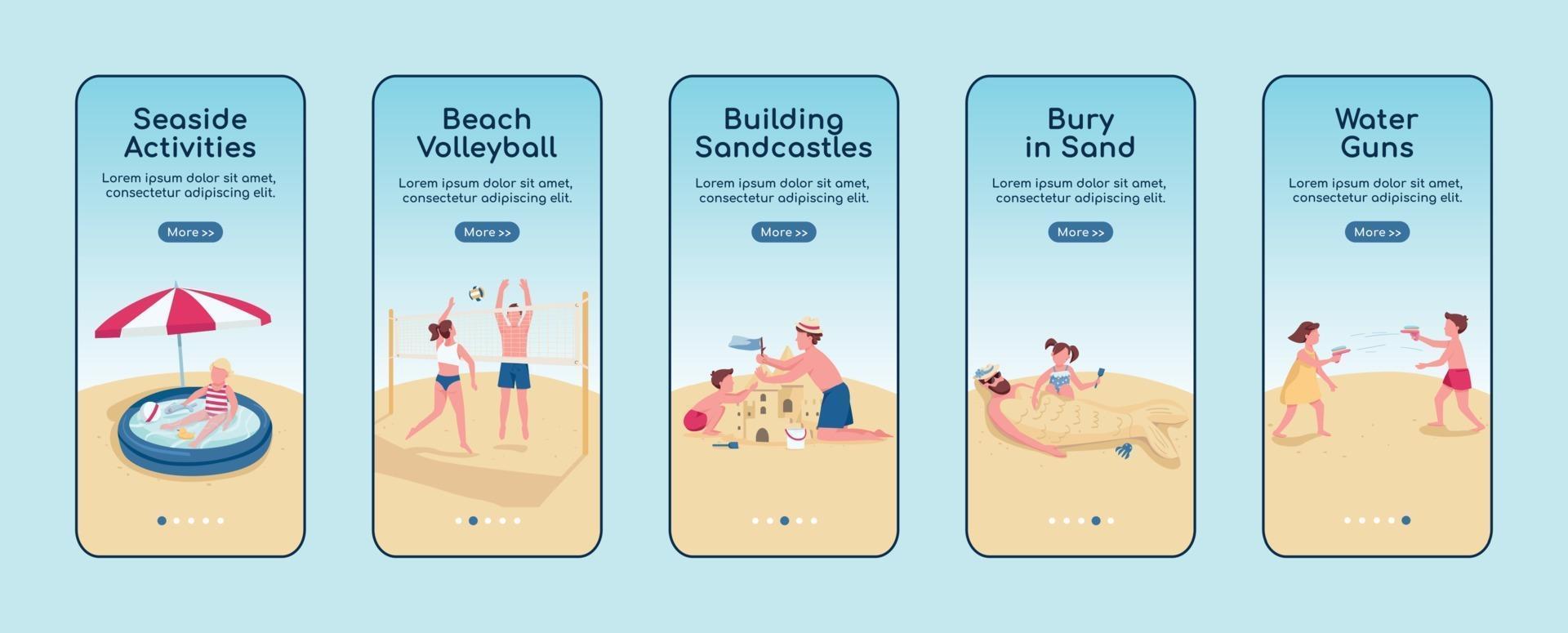 Beach games onboarding mobile app screen flat vector template set