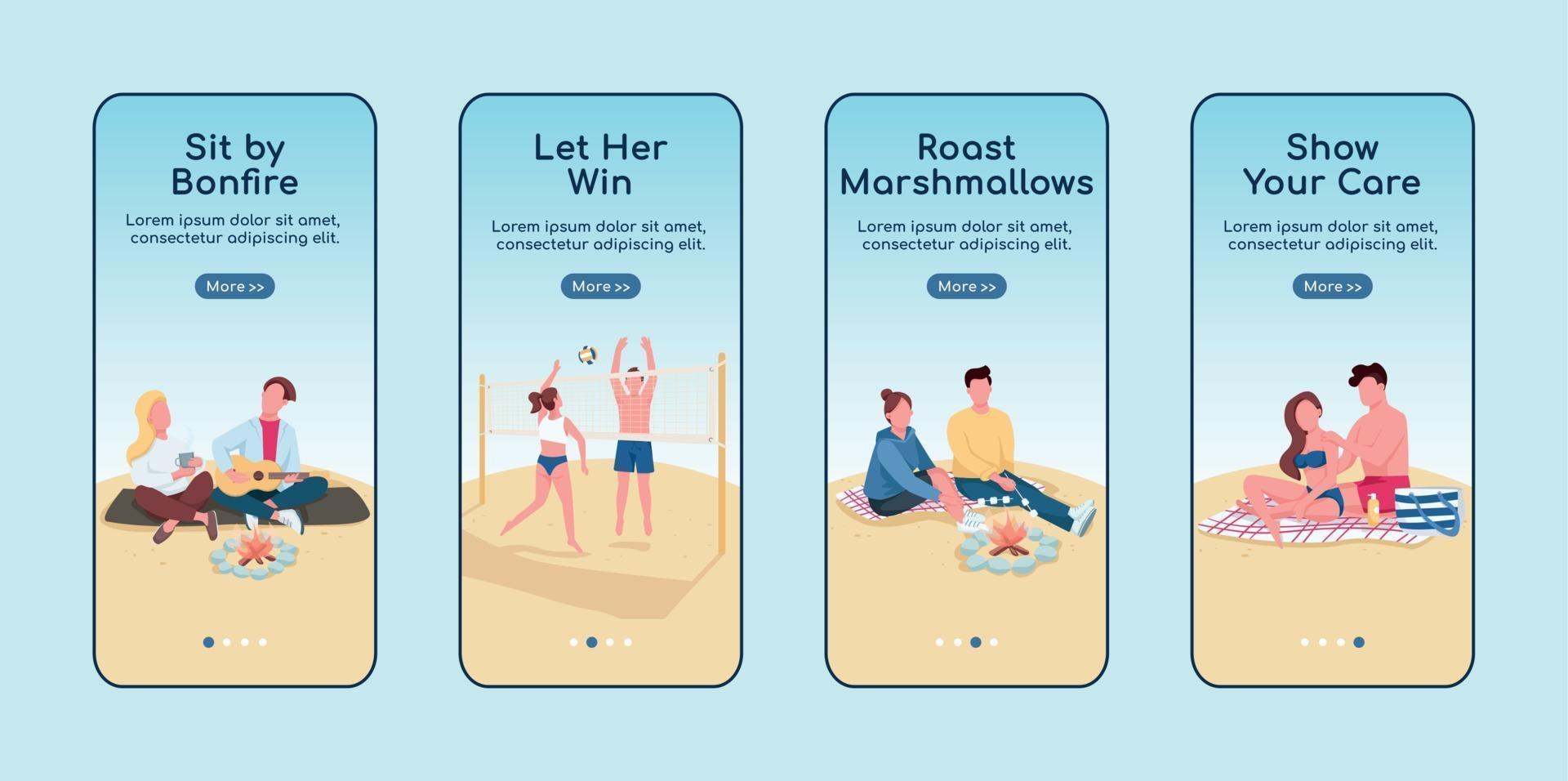 Romantic date at beach onboarding mobile app screen flat vector template set