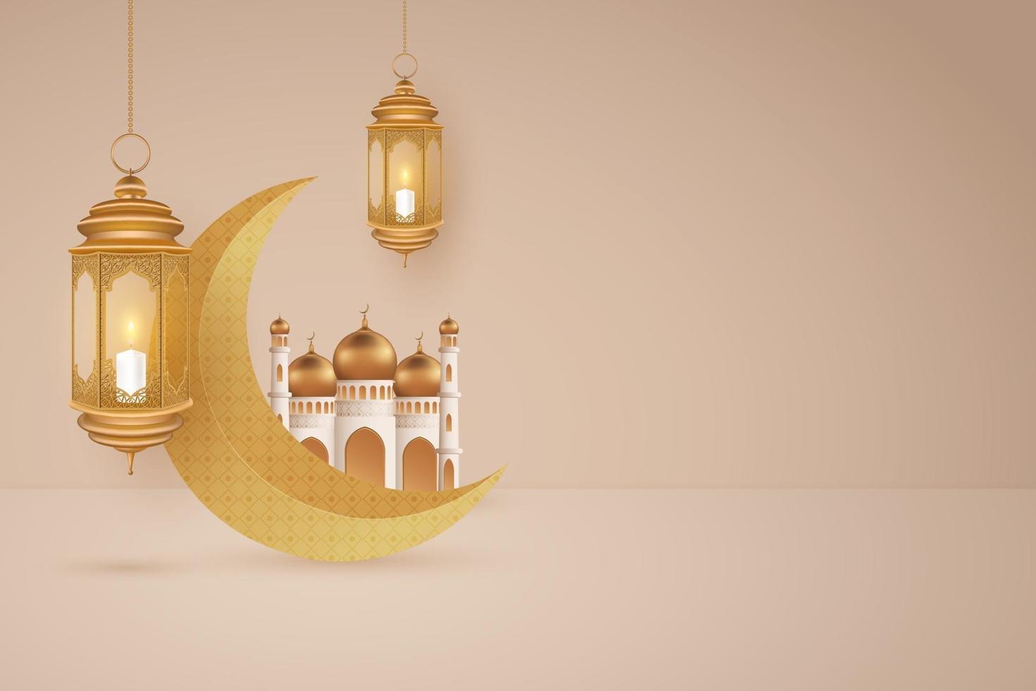 Ramadán o fondo eid mubarak con dos linternas colgantes. vector