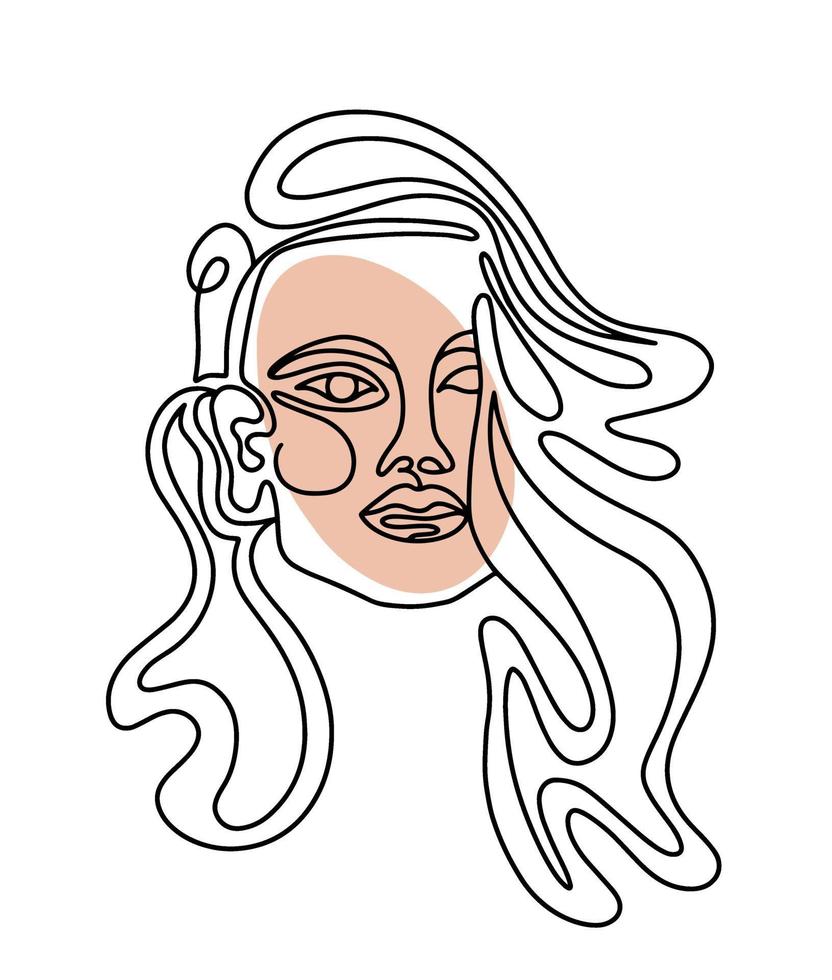 Vector illustration of linear portrait of female with long hair and beige face