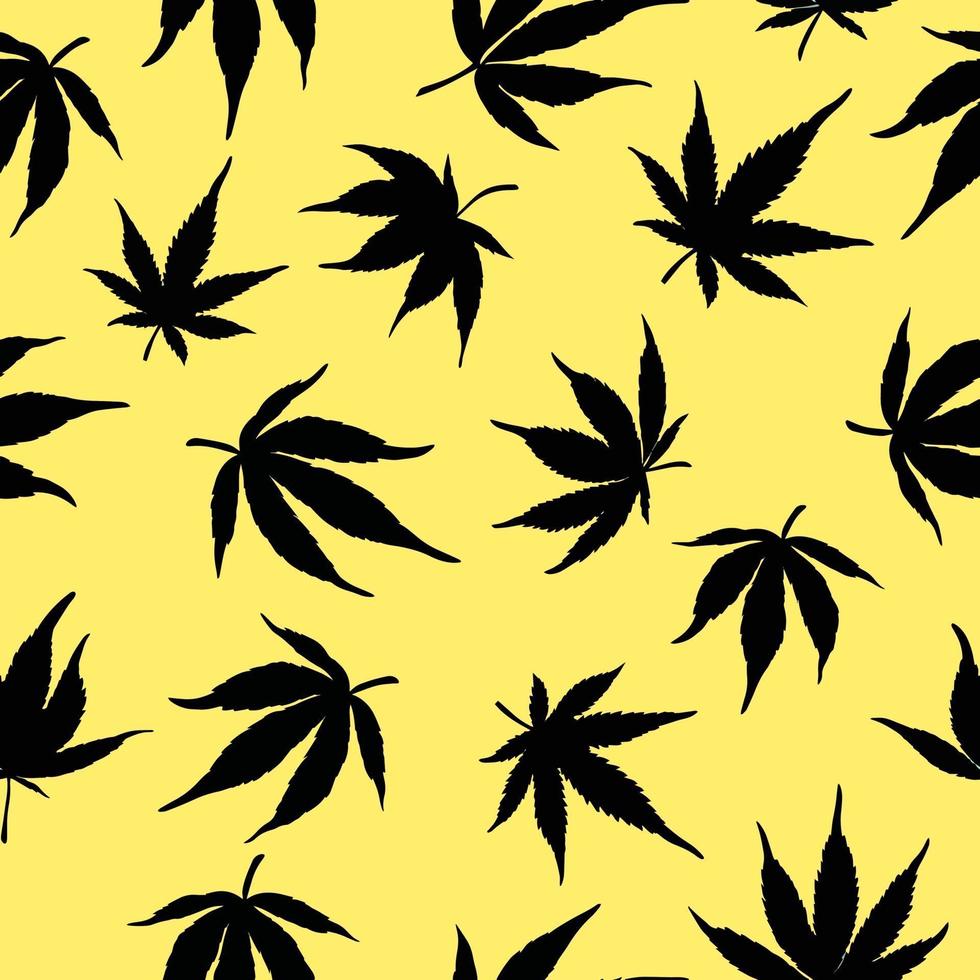 Patrón sin fisuras de hojas de cannabis negro sobre un fondo amarillo.hojas de cáñamo negro sobre un fondo amarillo.ilustración vectorial vector