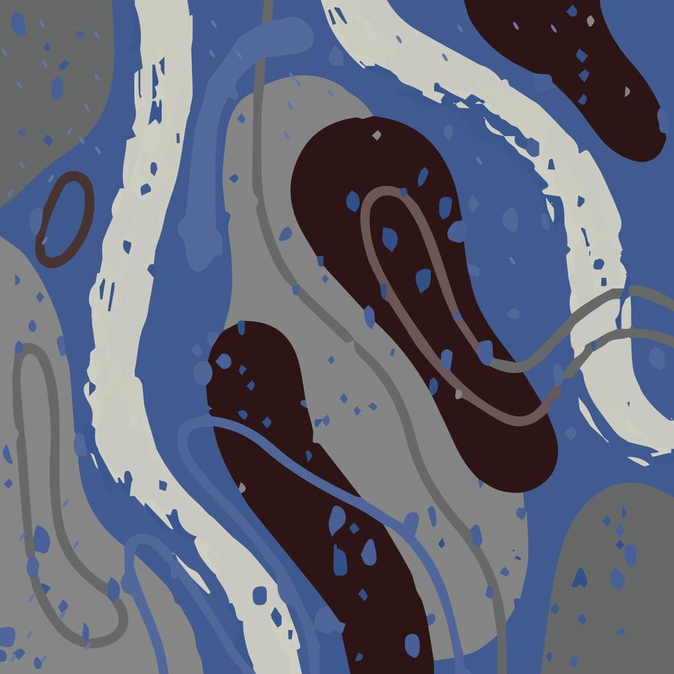 Fondo moderno abstracto con formas orgánicas abstractas, puntos, manchas en tonos azules fríos. Ilustración de vector dibujado a mano. diseño para blogs, portadas, publicidad, packaging