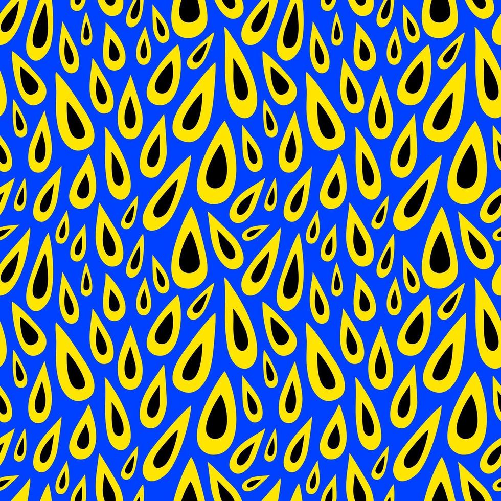 Seamless pattern with yellow-black drops on a blue background. Abstract pattern with drops of various shapes. Vector flat illustration