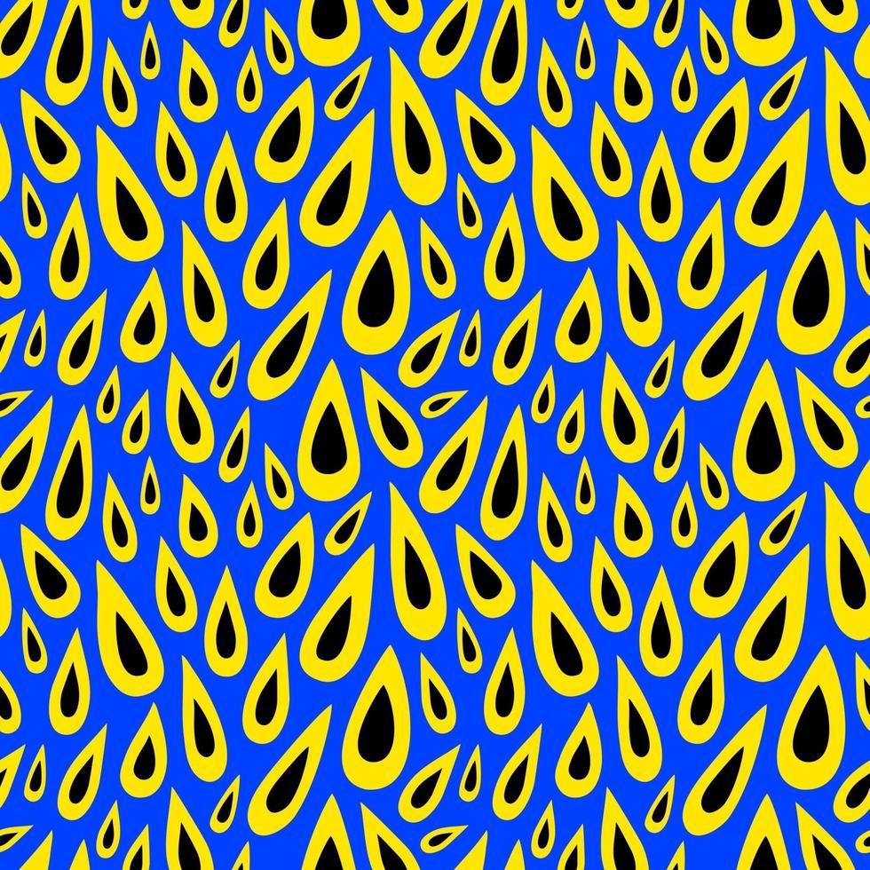 Seamless pattern with yellow-black drops on a blue background. Abstract pattern with drops of various shapes. Vector flat illustration