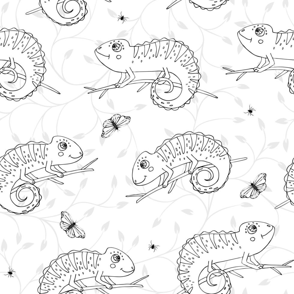 Seamless pattern with cute doodle chameleons with insects on white background Reptile pattern with doodle chameleons Ideal print for kids clothes and case phone vector