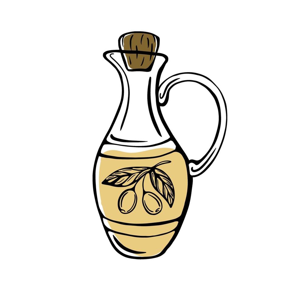 Hand-drawn olive oil bottle isolated on a white background. Extra virgin olive oil. Vintage style. Vector illustration in Doodle style