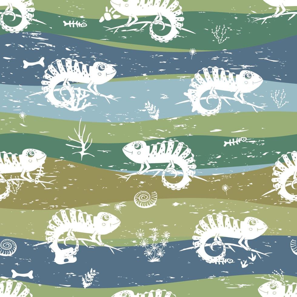 Seamless pattern with hameleon and seaweed plants vector