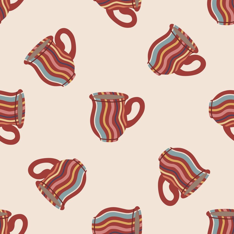 Seamless pattern with cups and mugs. Cute ceramic tableware. Design of textiles, menus, canteens, eateries, cafes and restaurants. Vector illustration