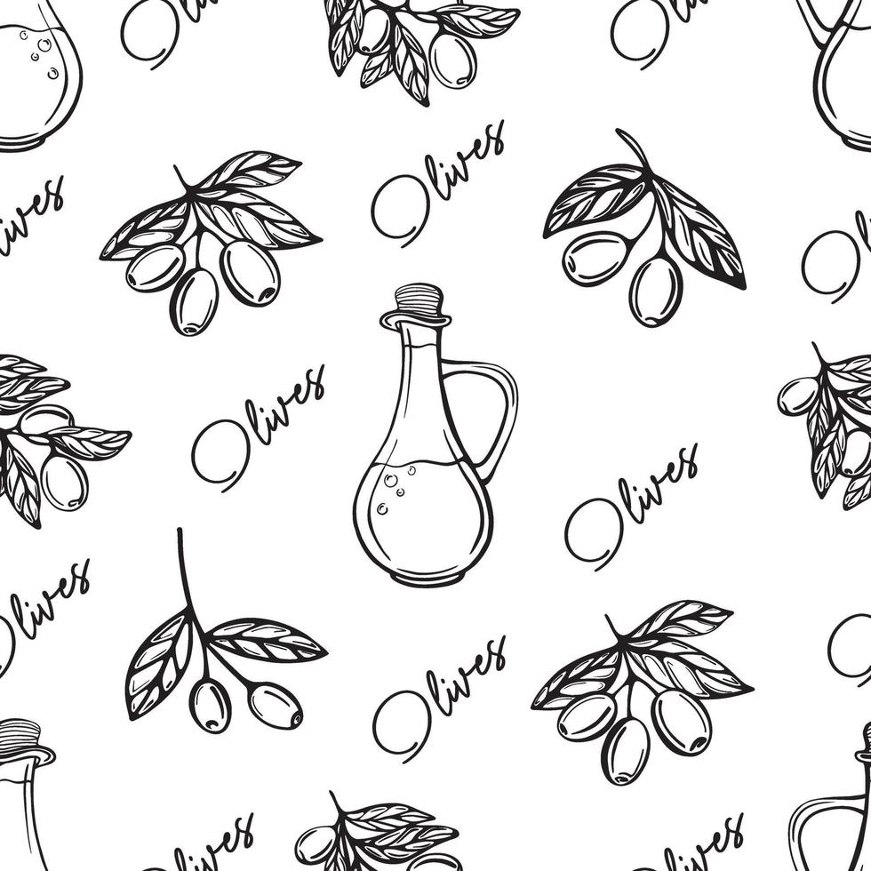 Olive oil seamless pattern. Olive branch pattern. Hand-drawn vector illustration