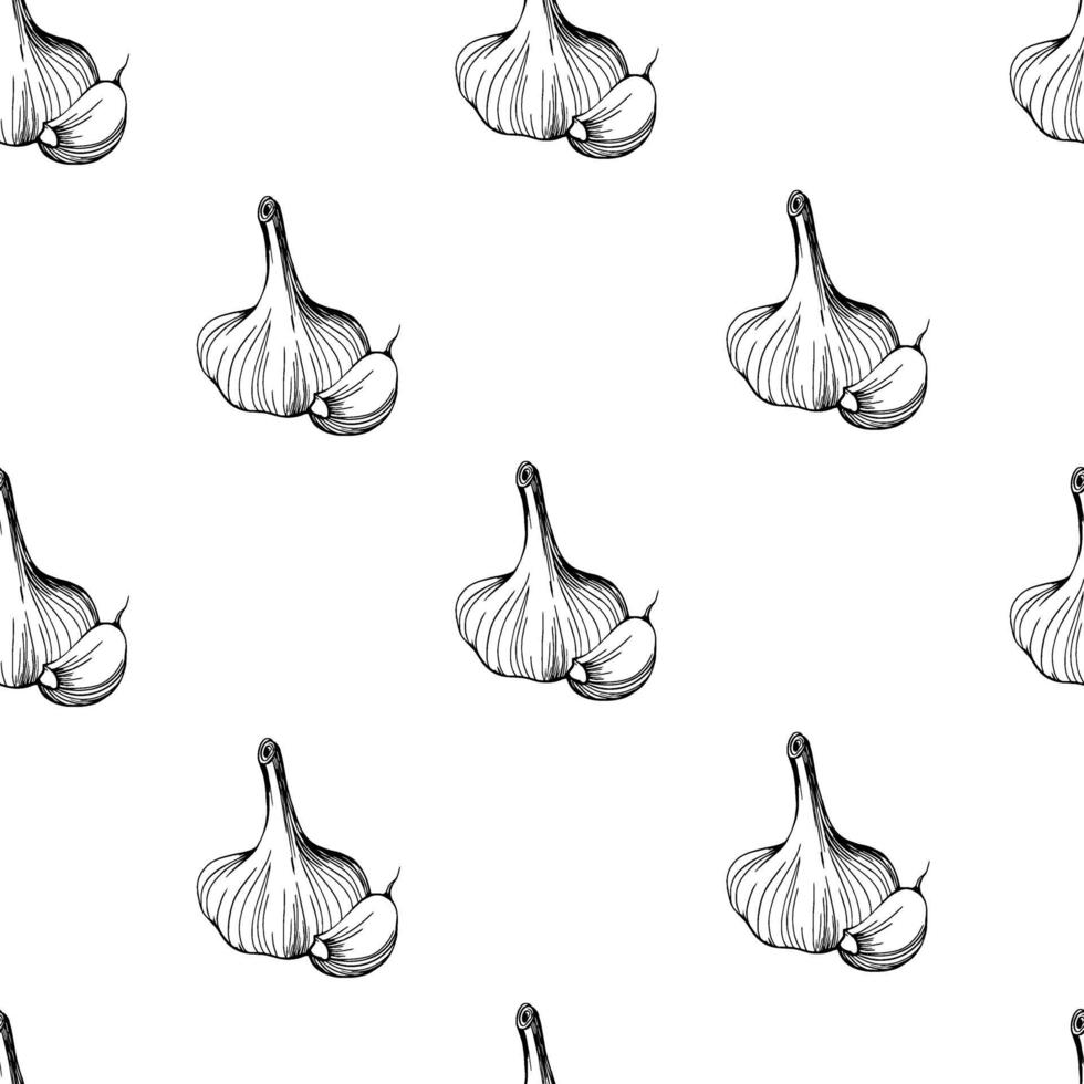 seamless pattern of garlic on a white background. Hand drawn vector illustration. A simple pattern of garlic