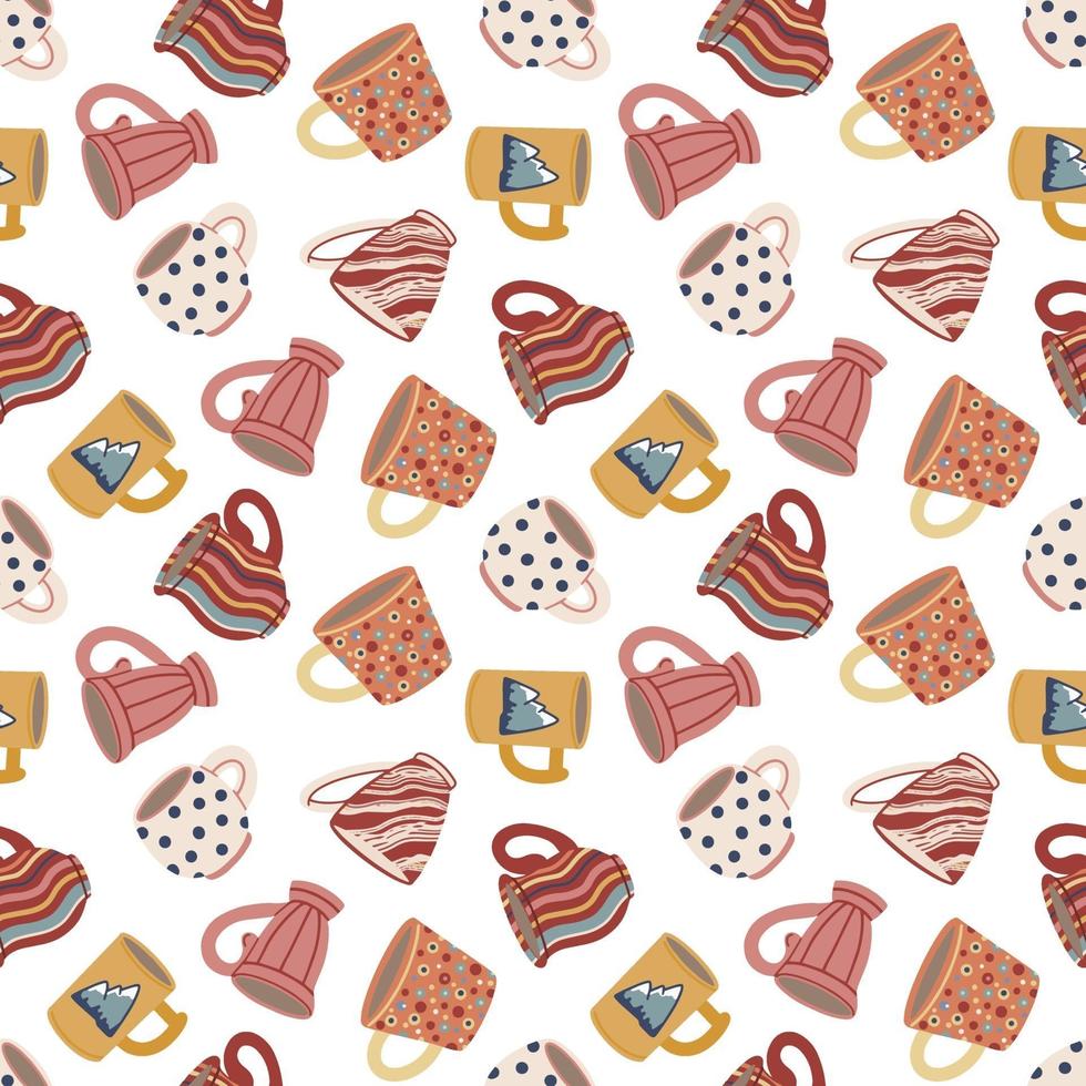 Seamless pattern with cups and mugs. Cute ceramic tableware. Design of textiles, menus, canteens, eateries, cafes and restaurants. Vector illustration