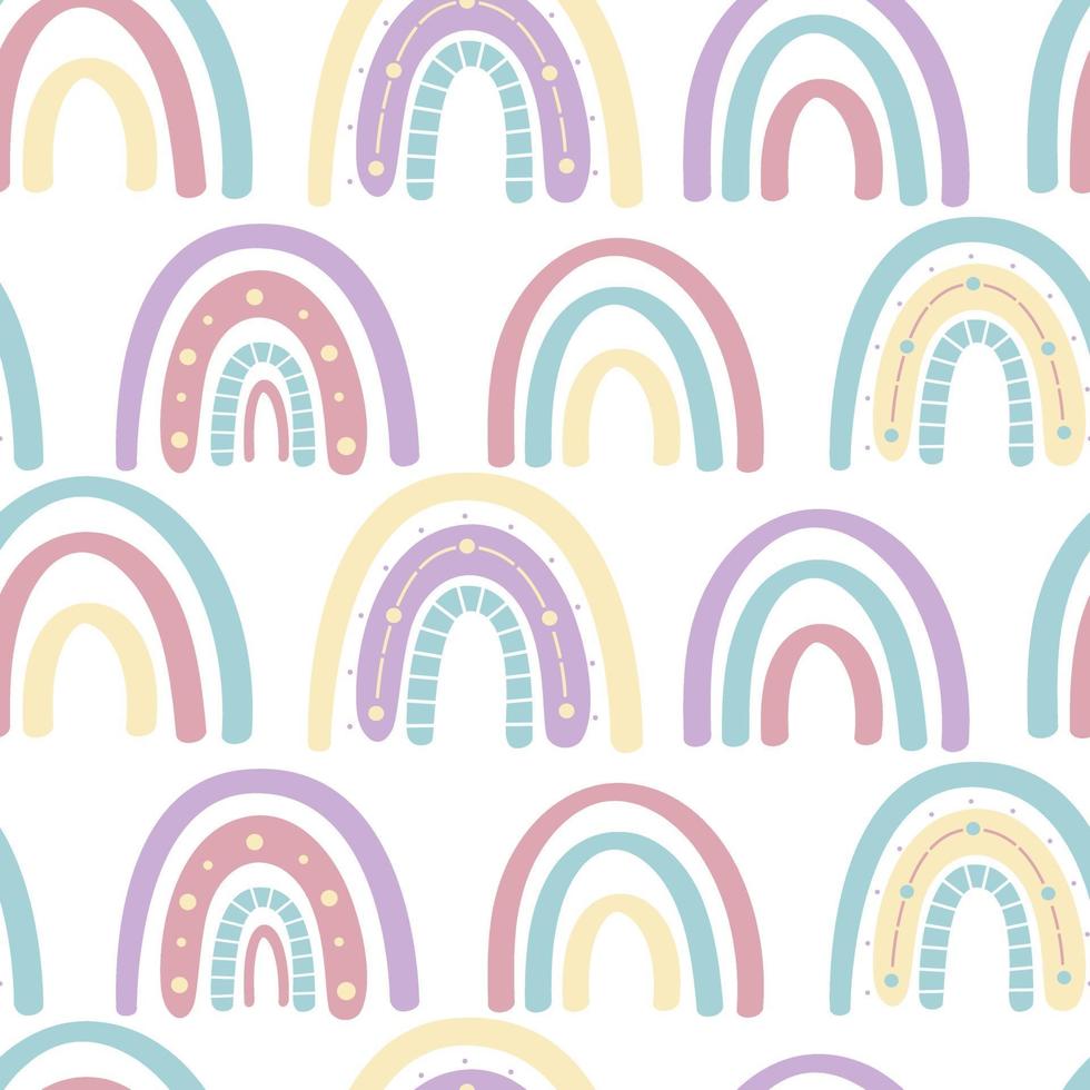 Abstract rainbow seamless pattern. Childrens pattern in muted pastel colors. Hand-drawn vector illustration. Design for textiles, packaging, wrappers