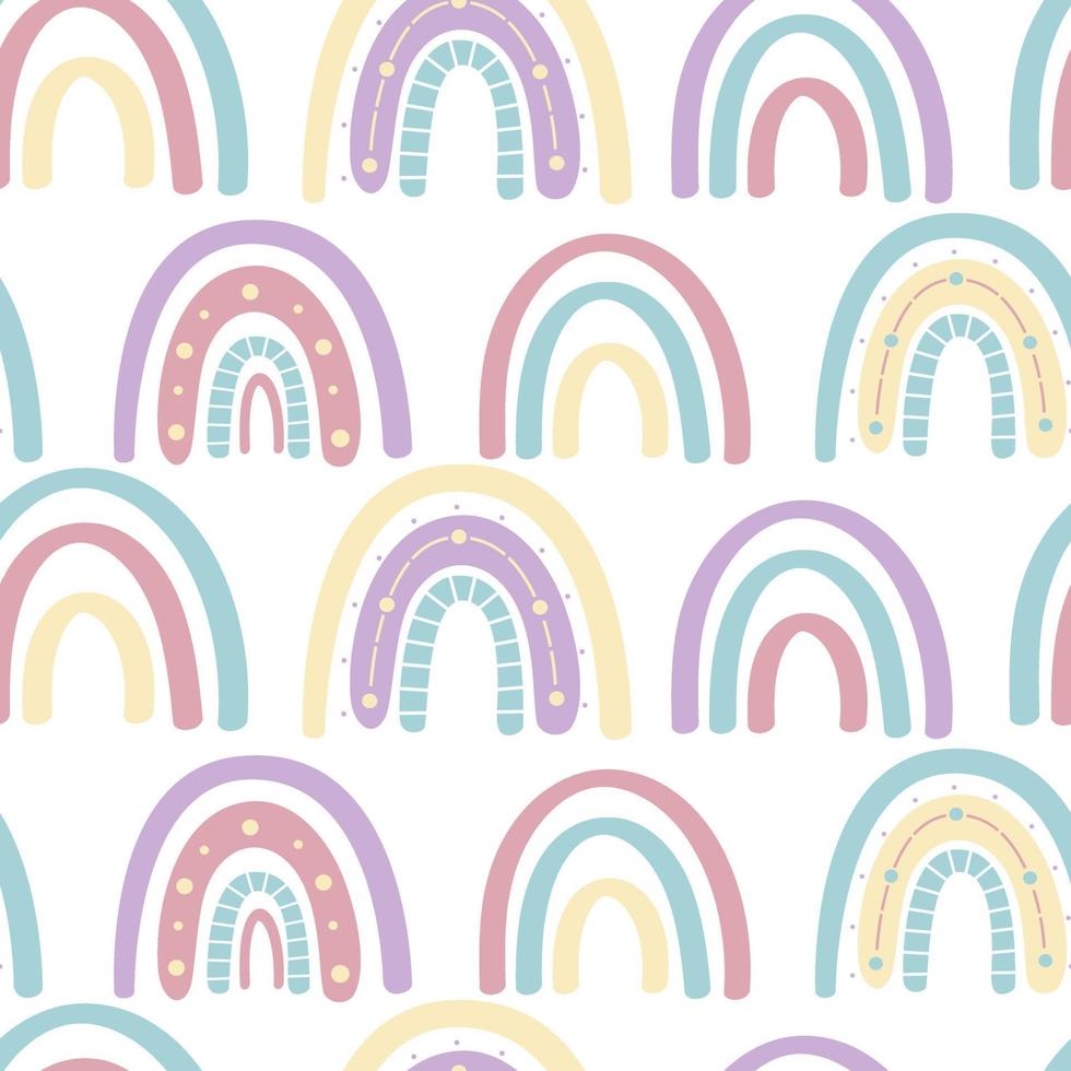 Abstract rainbow seamless pattern. Childrens pattern in muted pastel colors. Hand-drawn vector illustration. Design for textiles, packaging, wrappers