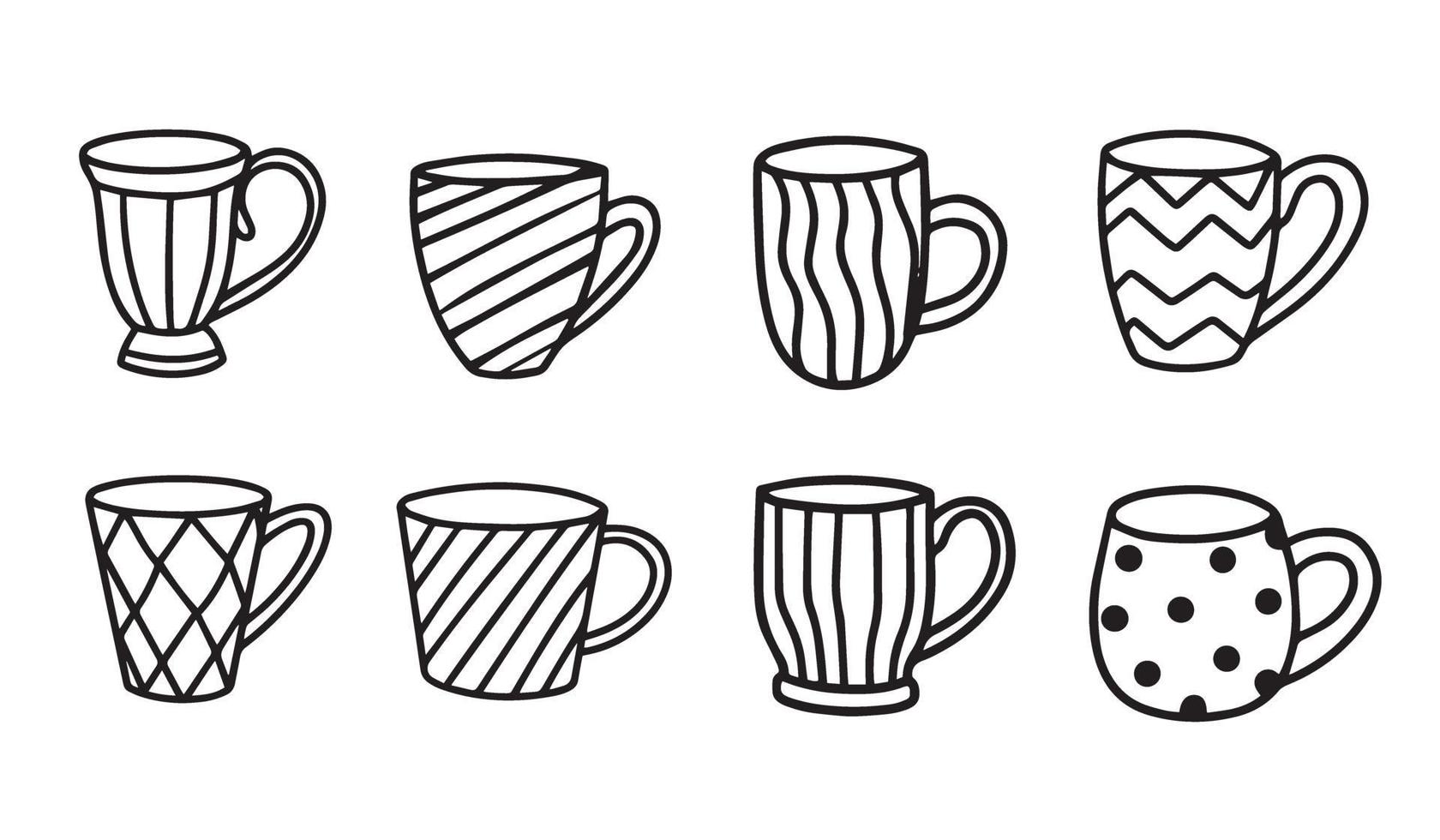 Collection of cups isolated on a white background. Vector illustration in Doodle style.