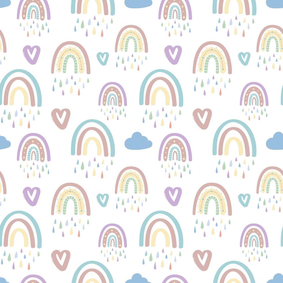 Cute rainbow and hearts seamless pattern. Romantic pattern for Valentines Day.Creative childrens illustration in a fashionable Scandinavian style. Vector illustration