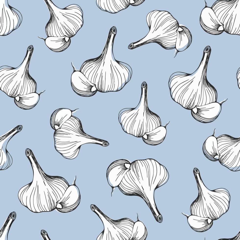 seamless pattern of garlic on a blue background. Design for printing, paper, and textiles. Hand drawn pattern of garlic. Vector illustration