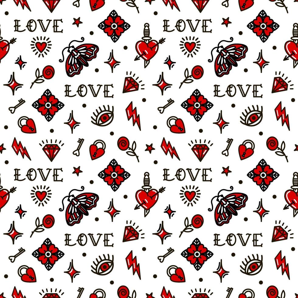 Valentines Day in old school style seamless pattern. Vector illustration. Design For Valentines Day, Stilts, Wrapping Paper, Packaging, Textiles