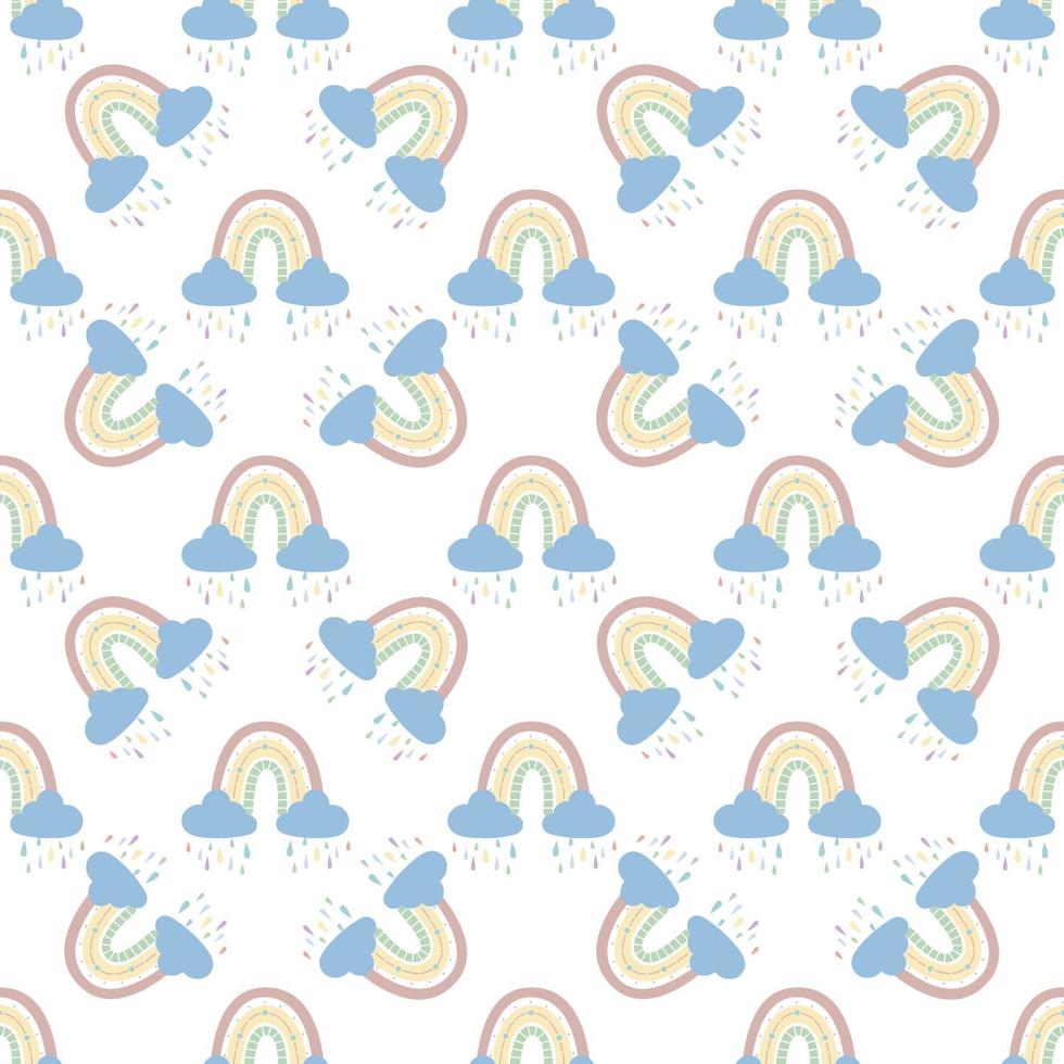 .Abstract rainbow with clouds and raindrops, doodles and circles in a seamless pattern. Childrens pattern in muted pastel colors. Hand-drawn vector illustration. Design for textiles, packaging