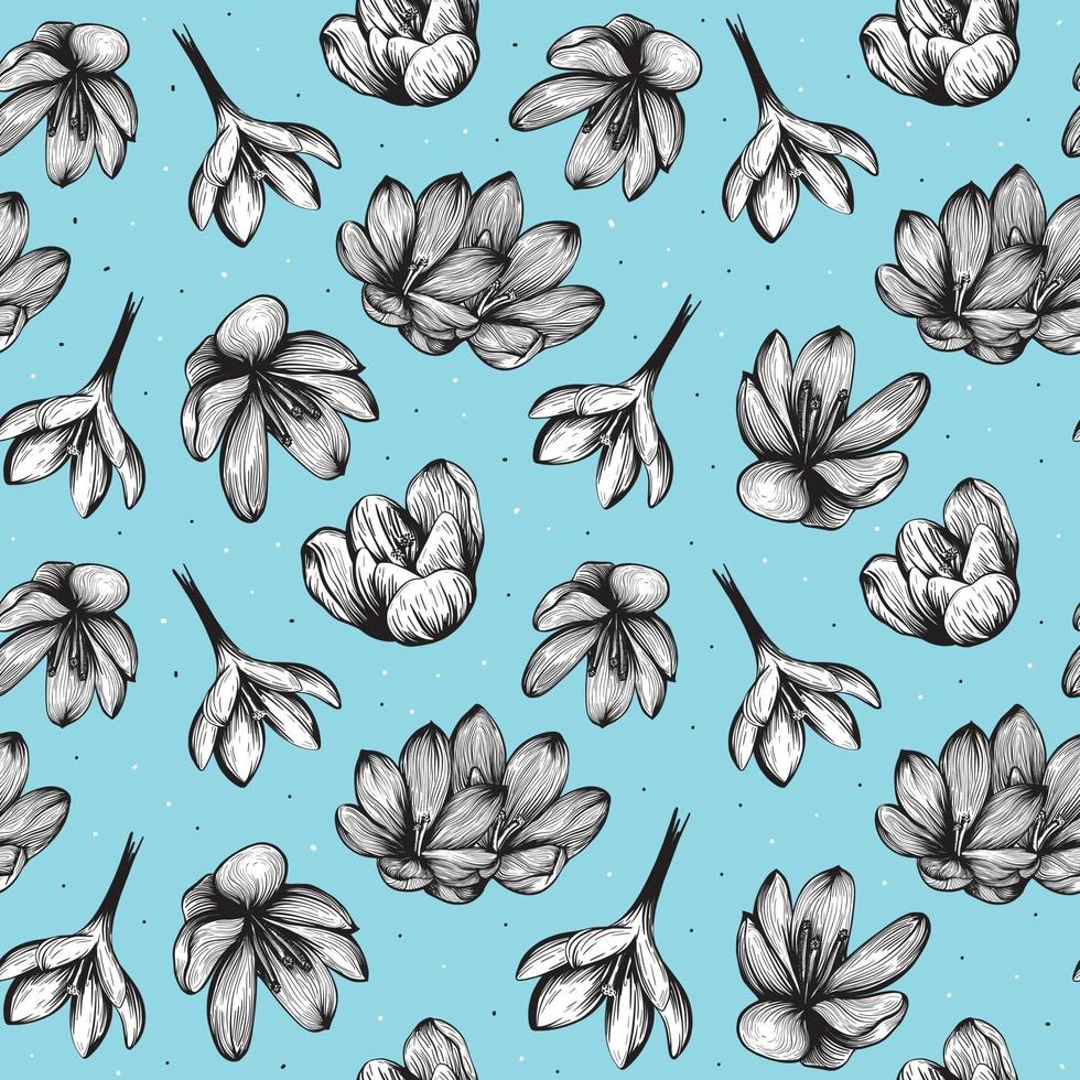 Saffron seamless pattern. Crocus flower on a blue background pattern. Hand-drawn vector illustration
