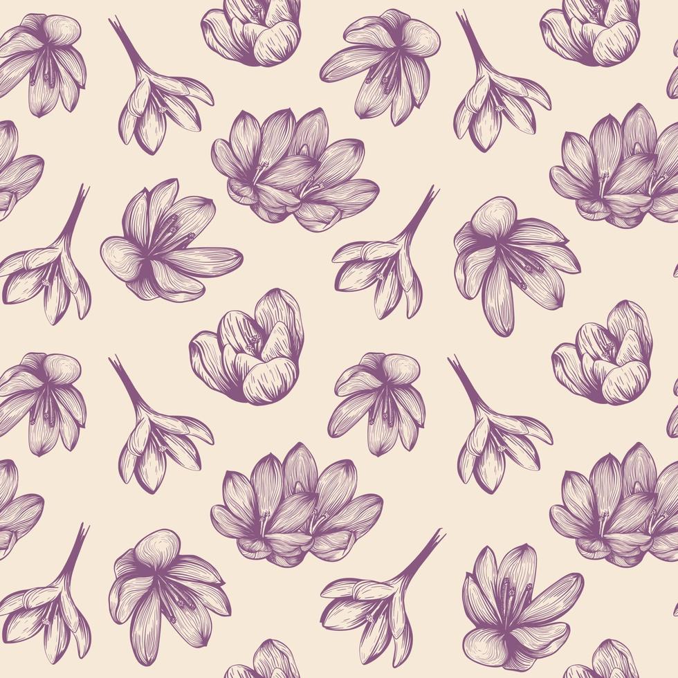 Saffron seamless pattern. Crocus flower on a blue background pattern. Hand-drawn vector illustration