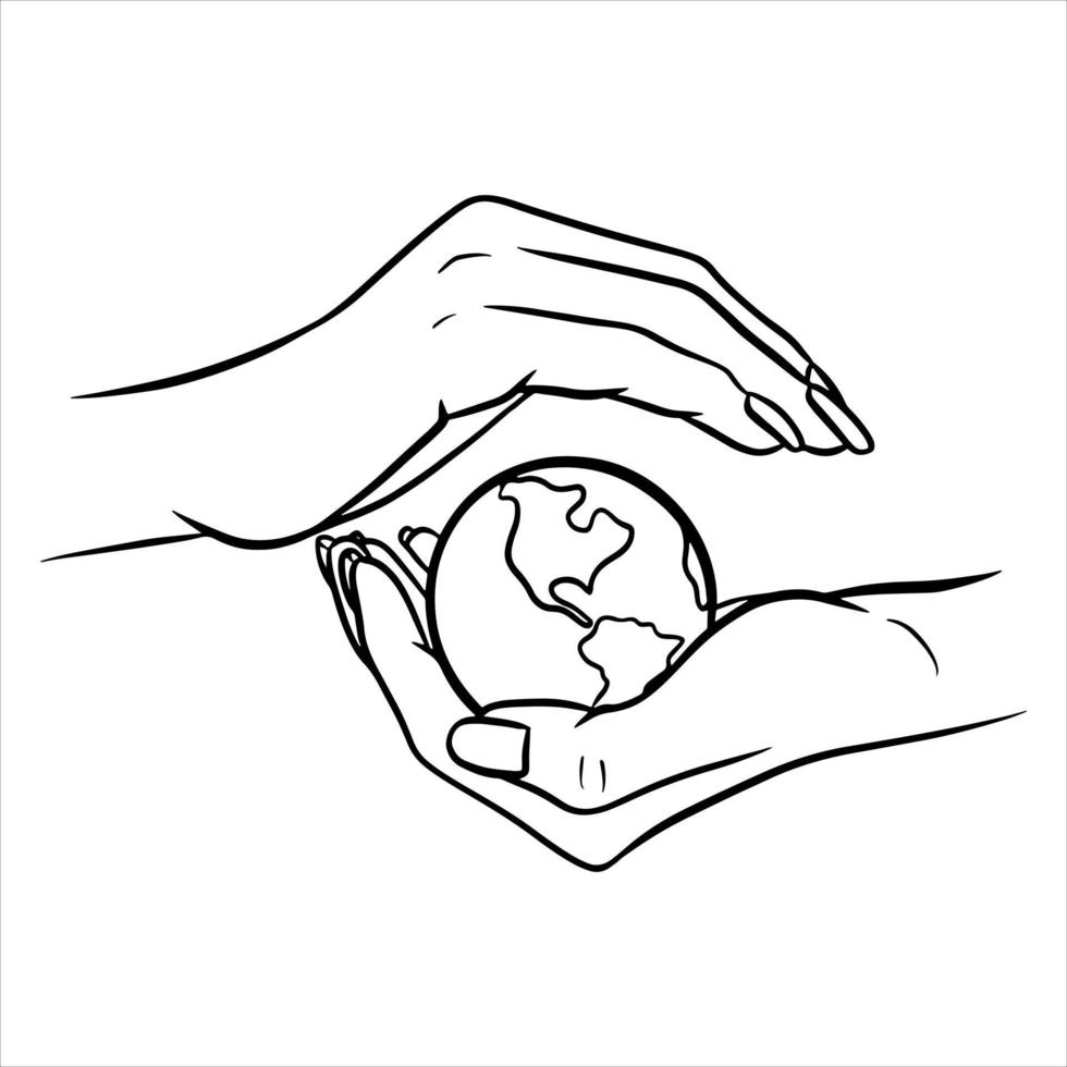 Lets protect the planet Lets save the planet Planet in hand Ecology Cartoon style vector
