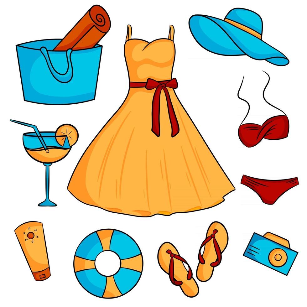 Set of elements for a beach holiday Dress bag hat cocktail sunscreen flipflops swimsuit foto camera lifebuoy vector