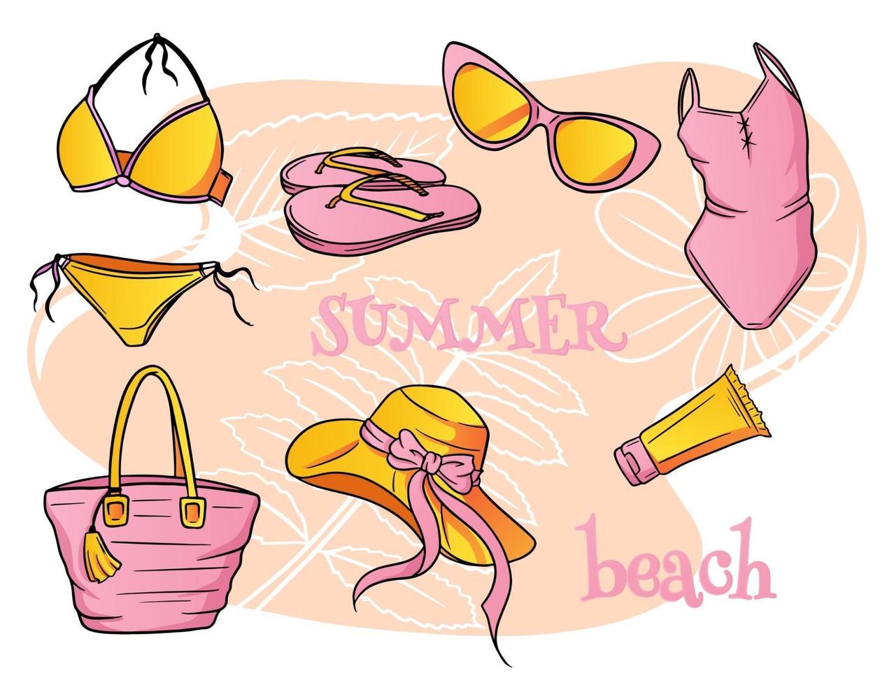 elementos esenciales de playa de verano para mujer en estilo de dibujos animados vector