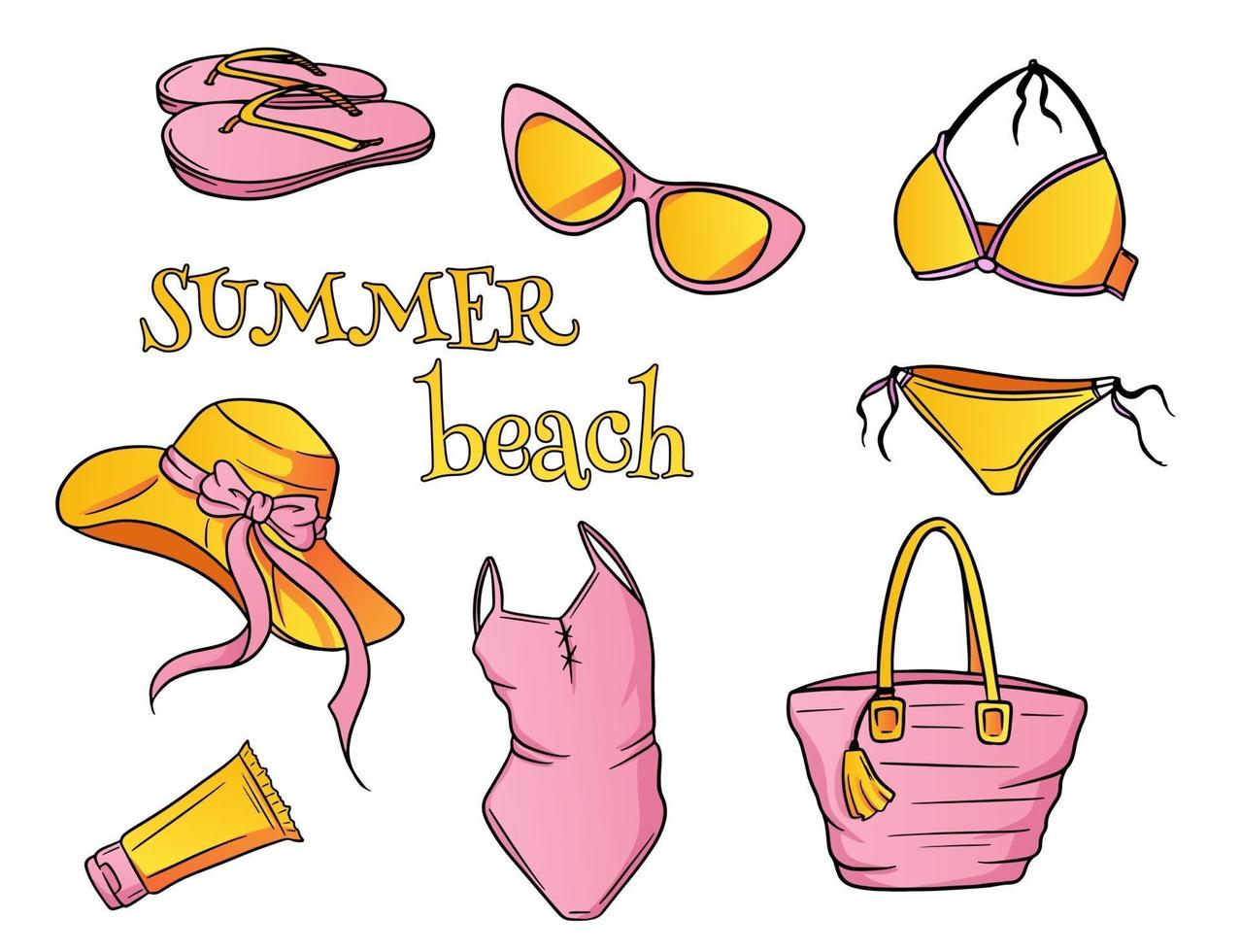 elementos esenciales de playa de verano para mujer en estilo de dibujos animados vector