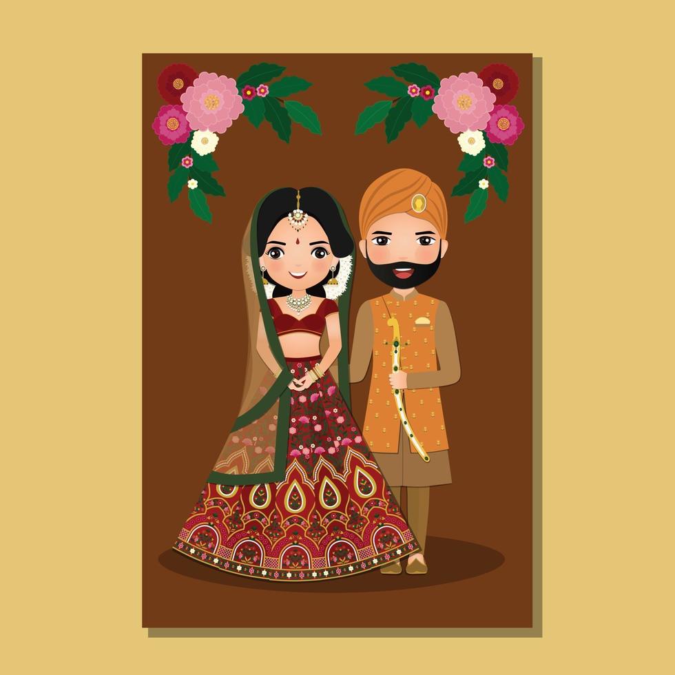 Wedding invitation card the bride and groom cute couple in traditional  indian dress cartoon character 2511593 Vector Art at Vecteezy