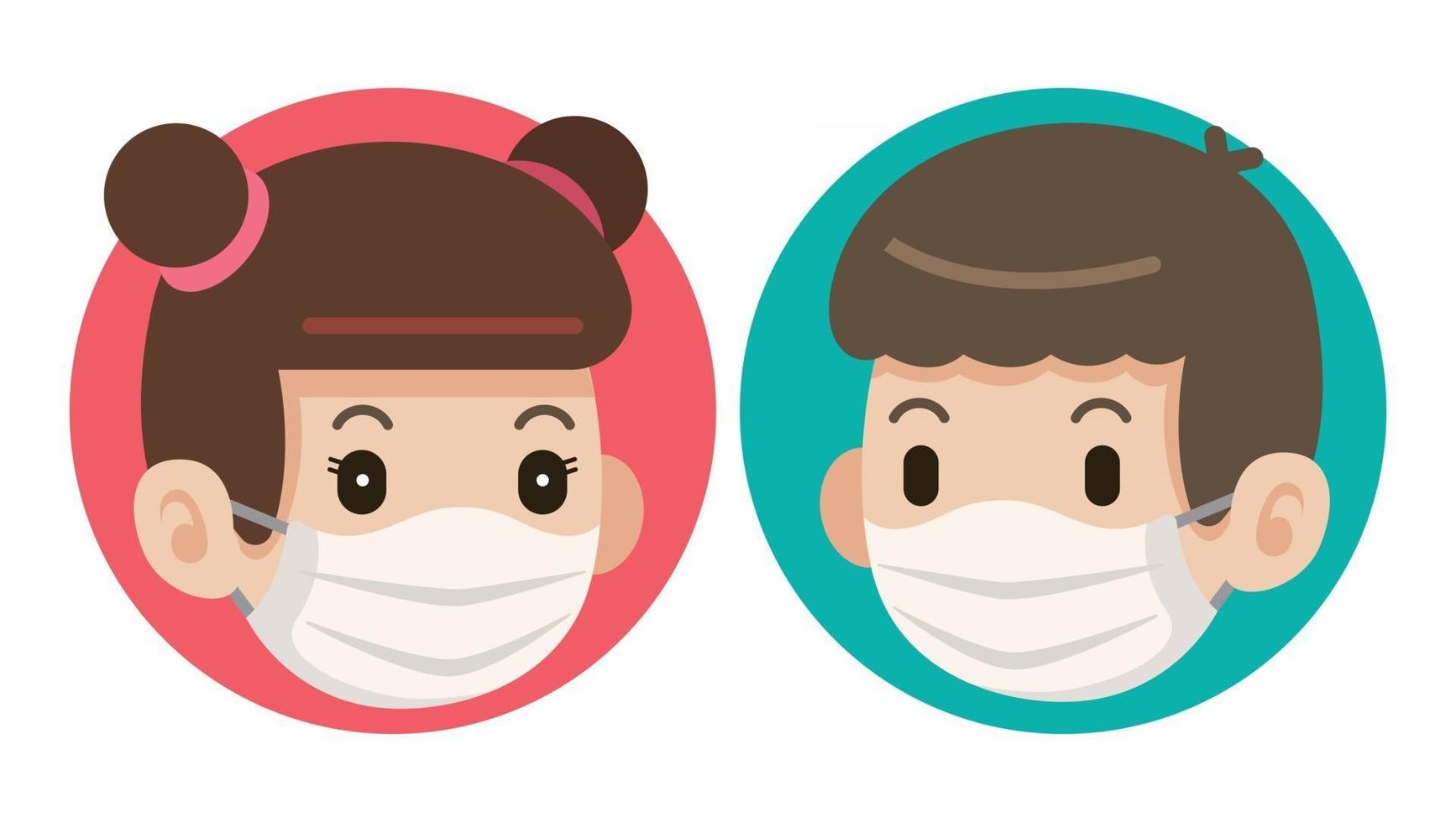 A pair of cute kids wearing protective face masks vector