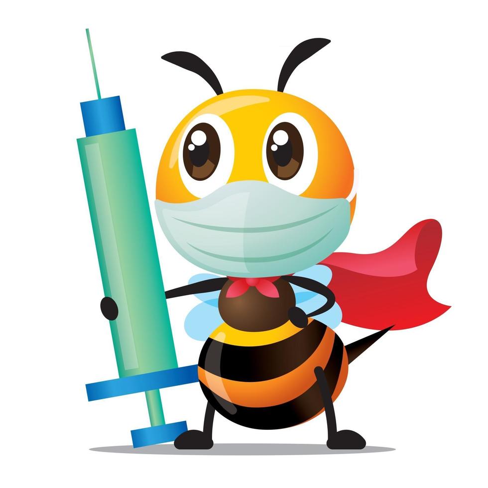 Cartoon cute superhero bee wearing face mask and holding giant Syringe Needle for vaccination vector