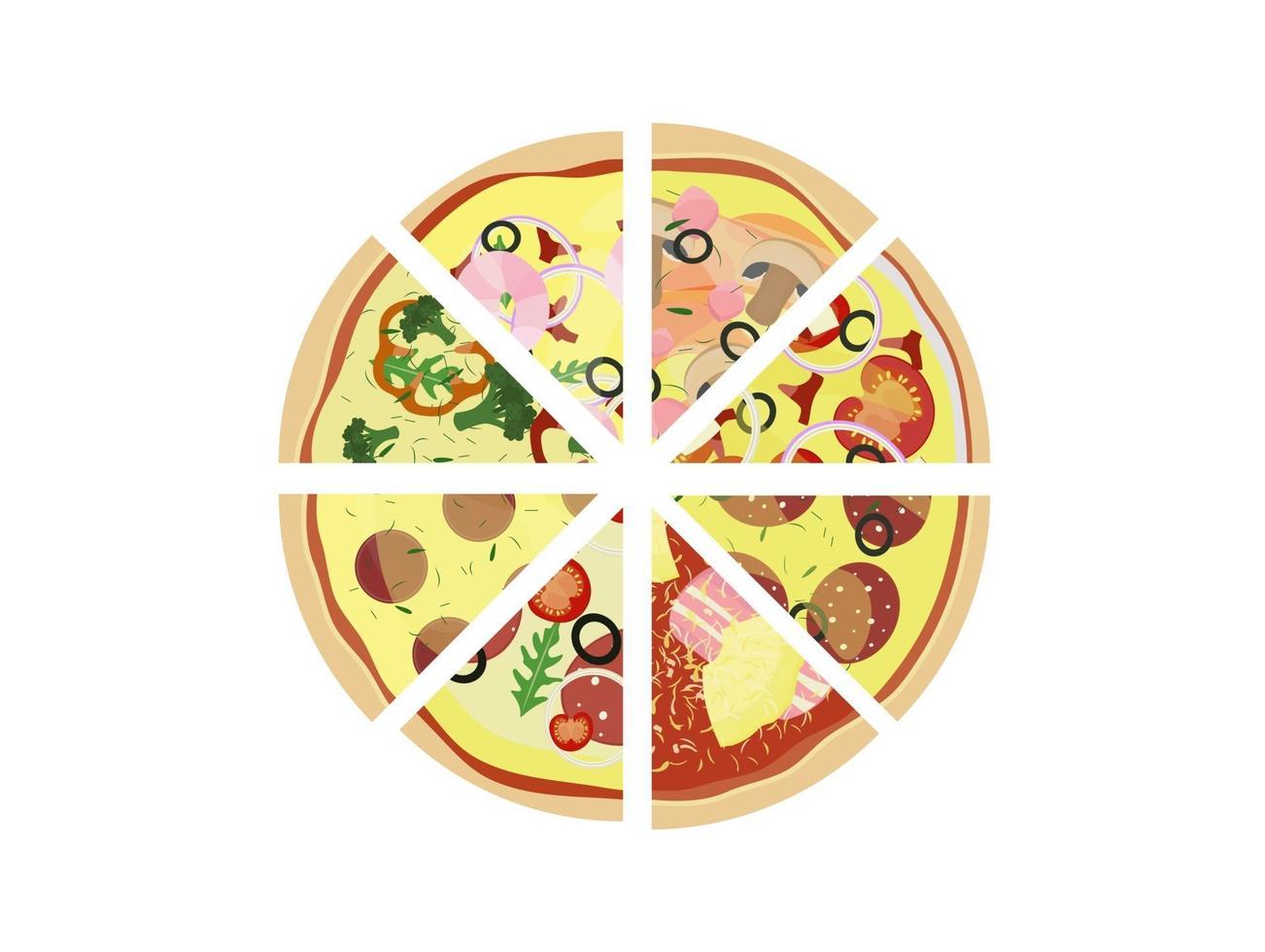 Pizza sliced assorted isolated on white background Top view Vector illustration