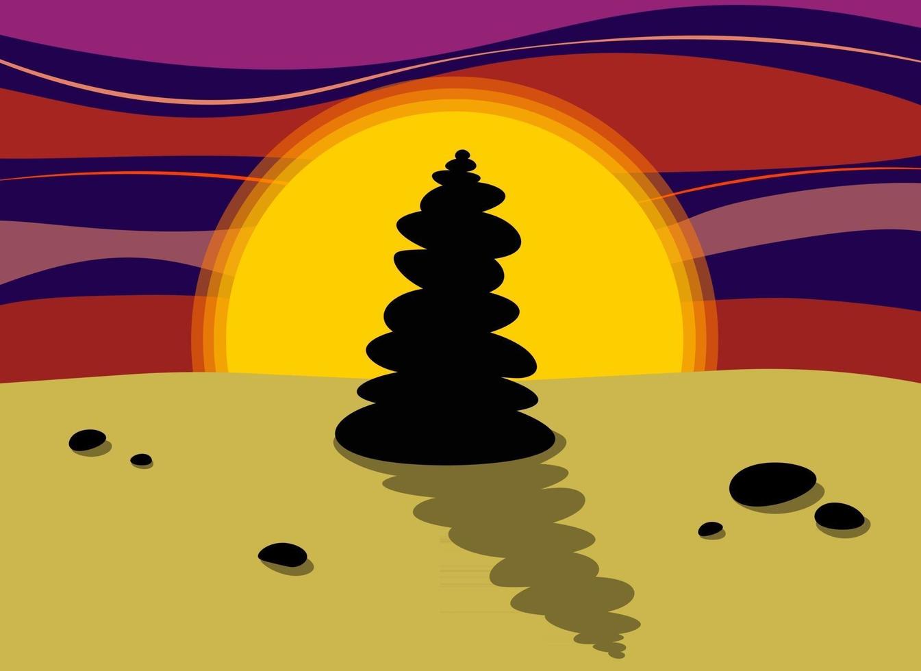 Silhouette of a pyramid of stones at sunset Rocks cairn on the sand Harmony and balance concept Vector illustration