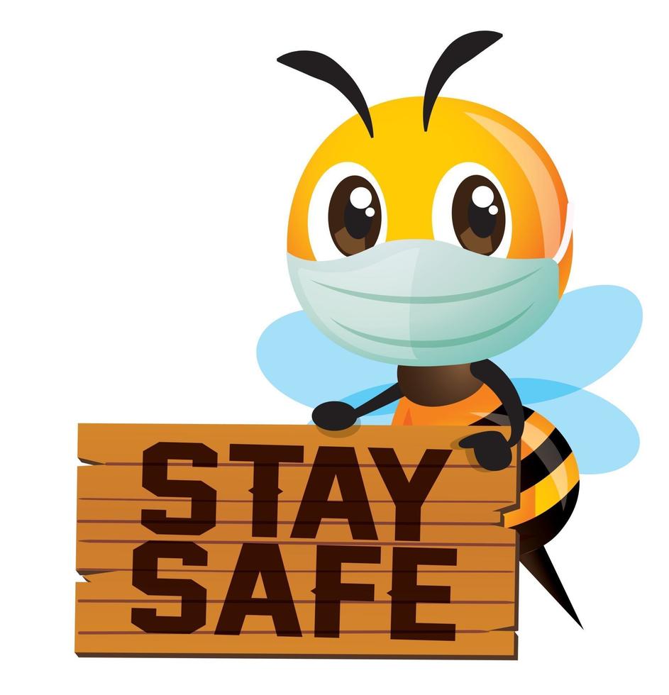 Cartoon cute bee wearing protective surgical mask and holding a big wooden signboard vector