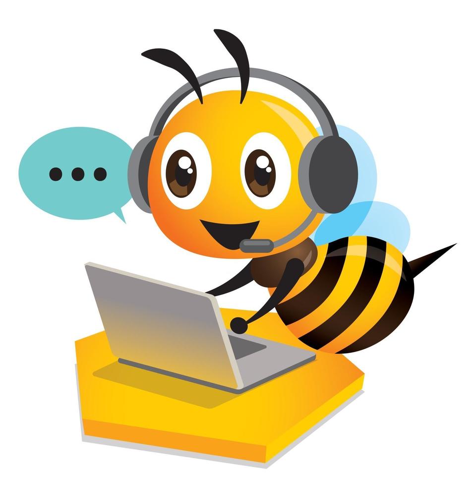 Cartoon cute operator bee wearing headset using laptop for customer support vector
