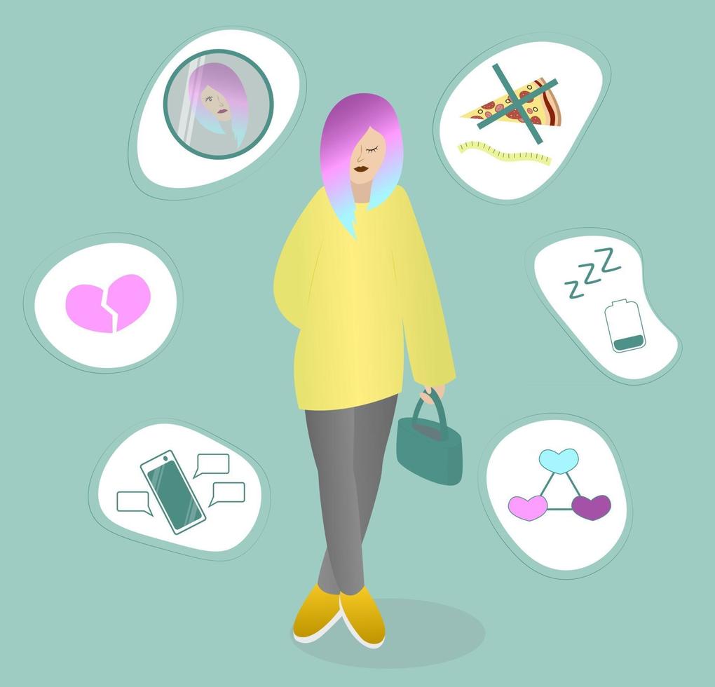 Teenager and problems Girl with multicolored hair thinking about her troubles Young woman in despondency and anxiety Vector illustration