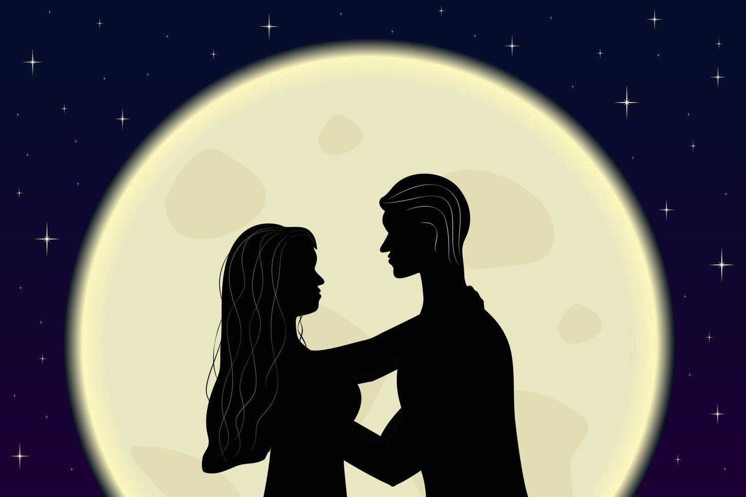 pareja romántica en el amor abrazo en la luz de la luna siluetas de mujer y  hombre luna llena y estrellas en la ilustración de vector de fondo 2511789  Vector en Vecteezy
