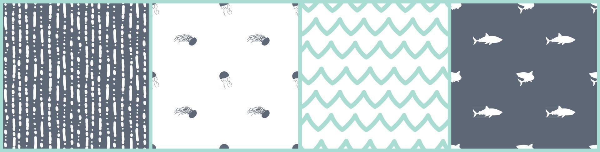 Cute simple Waves bubbles sharks jellyfish Set of four Vector silhouette seamless patterns in white blue colors